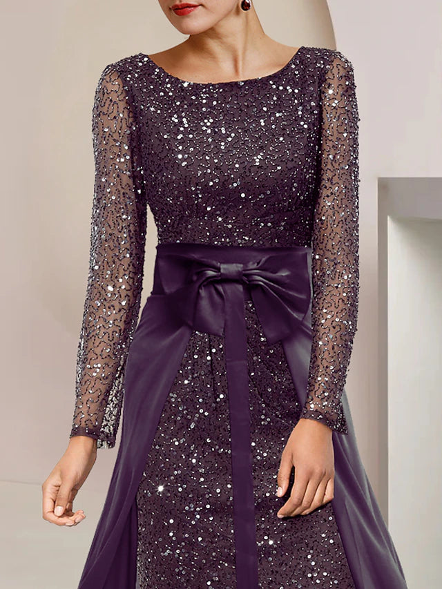 Luolandi Two Piece Sheath / Column Mother of the Bride Dress Formal Wedding Guest Sparkle & Shine Elegant Scoop Neck Knee Length Lace Sequined Long Sleeve with Beading